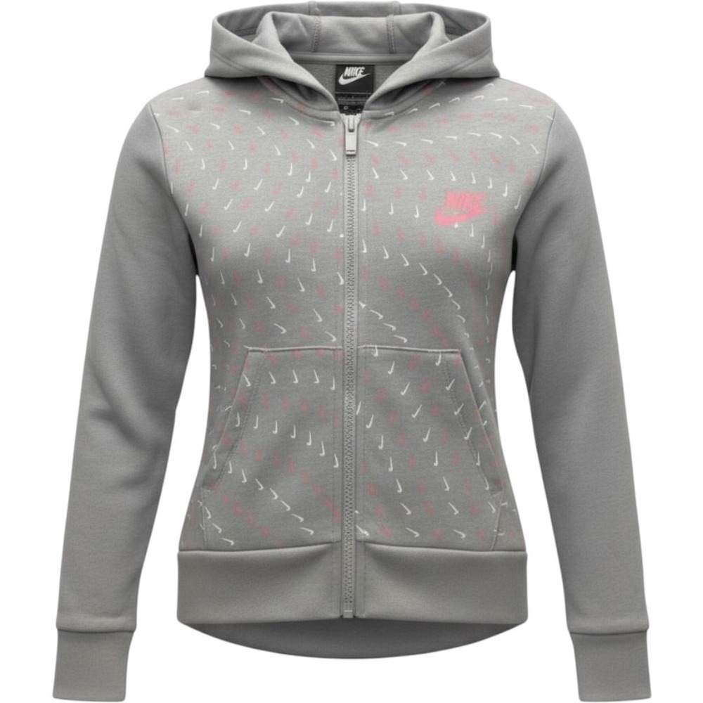 Nike NEW WT Full Zip Up Hoodie Girls Size 6 Gray All Over Swoosh Print